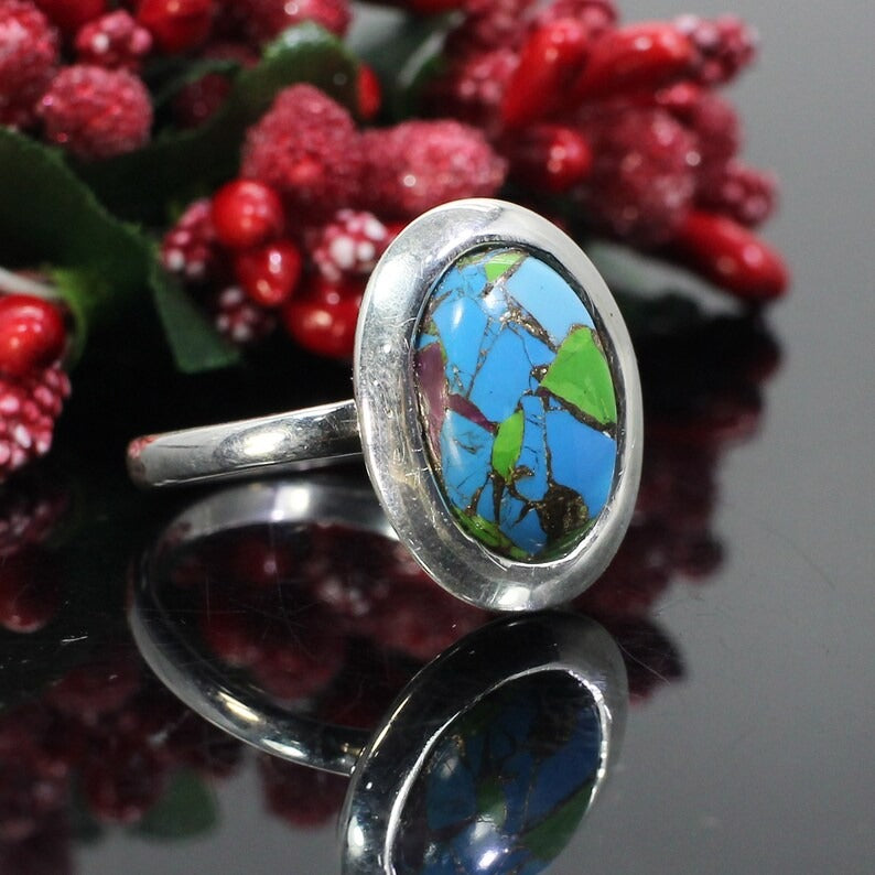 Natural Oyester Copper Turquoise Gemstone 92.5 Sterling Silver Ring