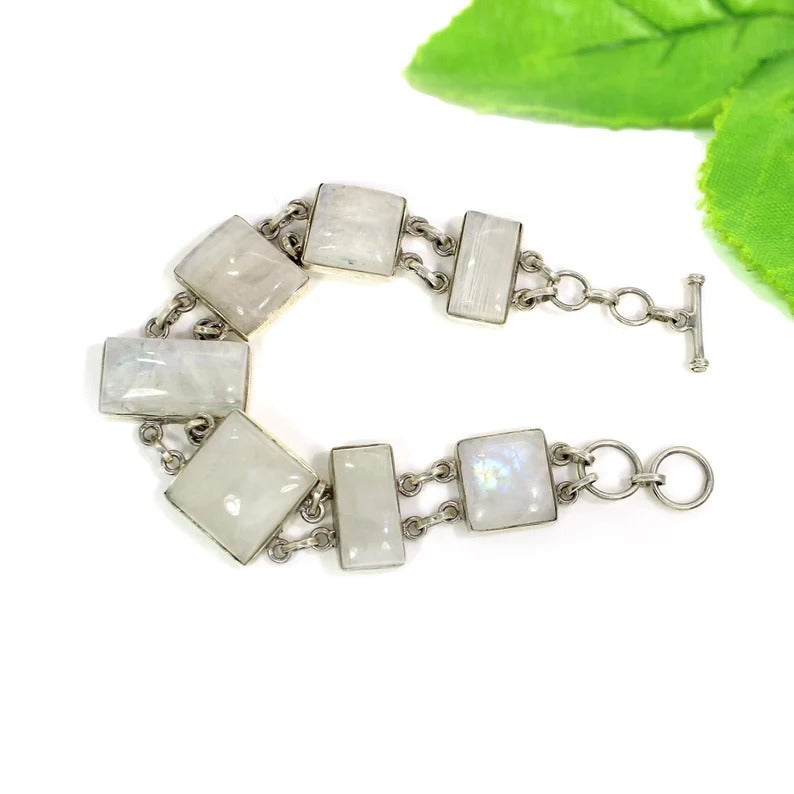 Rainbow Moonstone Gemstone Sterling Silver Bracelet