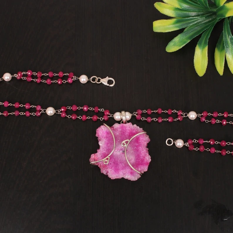 Pink Solar Druzy & Pearl and Ruby Corundum 92.5 Solid Silver Necklace