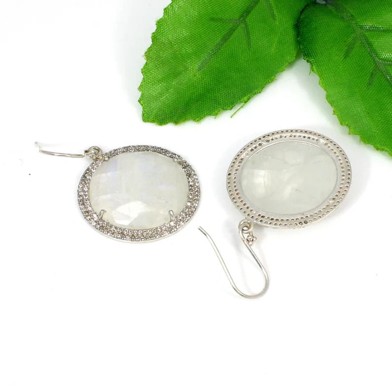 Rainbow Moonstone & CZ Gemstone Sterling Silver Earrings