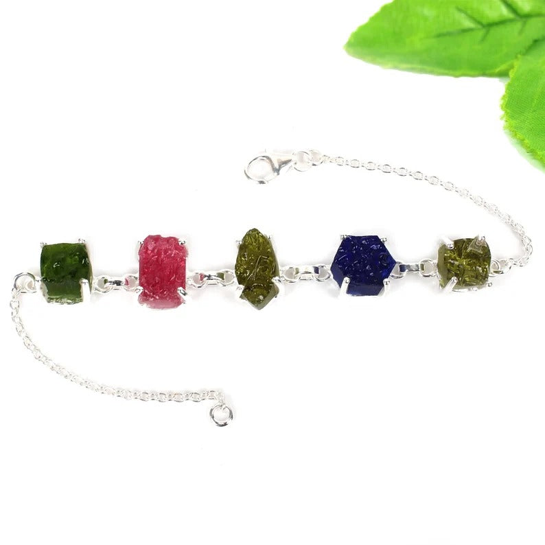 Multi Chinese Moldavite Gemstone 92.5 Sterling Silver Bracelet
