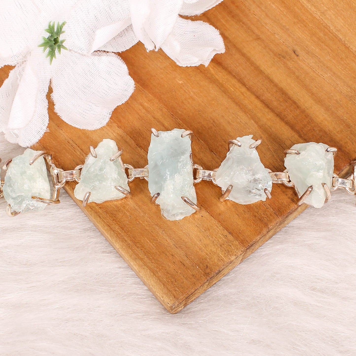 Aquamarine Rough Gemstone Prong Set 925 Silver Link Chain Bracelet