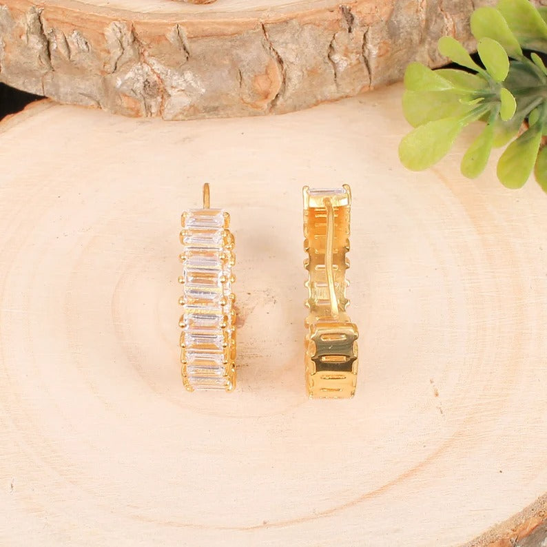 925 Sterling Silver White Cz Stone Hoop Earrings