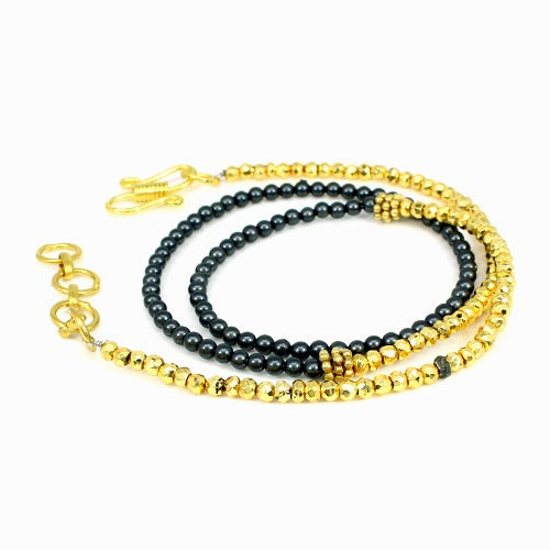 Gold Pyrite & Black Pearl Beads Necklace Brass 18K Gold Plated 13.86 Gram 3mm 22 Inch