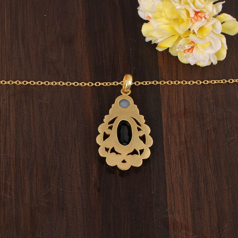 Silver Druzy & Black Onyx Gemstone Gold Plated Brass Necklace