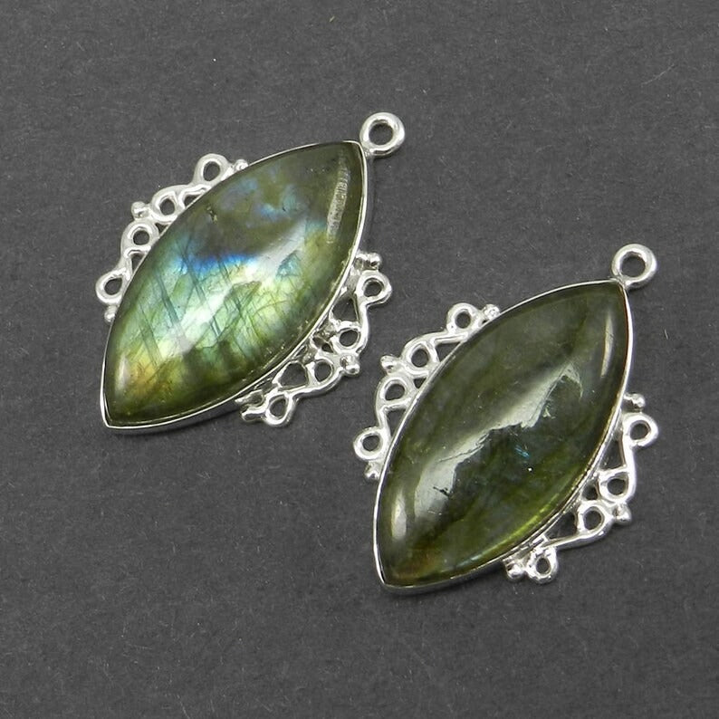 1 pair - Labradorite - 32x22mm Marquise cabochon - 11.44 gms - gemstone Single loop - 925 Sterling Silver - Designer Connector - SHST1534