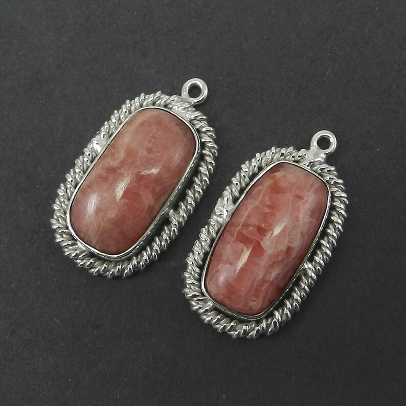 1 pair - Natural Rhodocrosite - Rectangle cabochon - gemstone Single loop - 925 Sterling Silver - 29x16mm Designer Connector - SHST1263