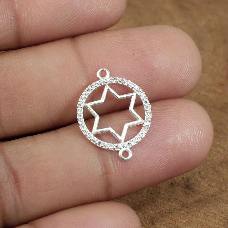 Cubic zircon micro pave star shape spacer 20 mm 925 sterling silver handmade double loop gold plated charm station connector for jewelry
