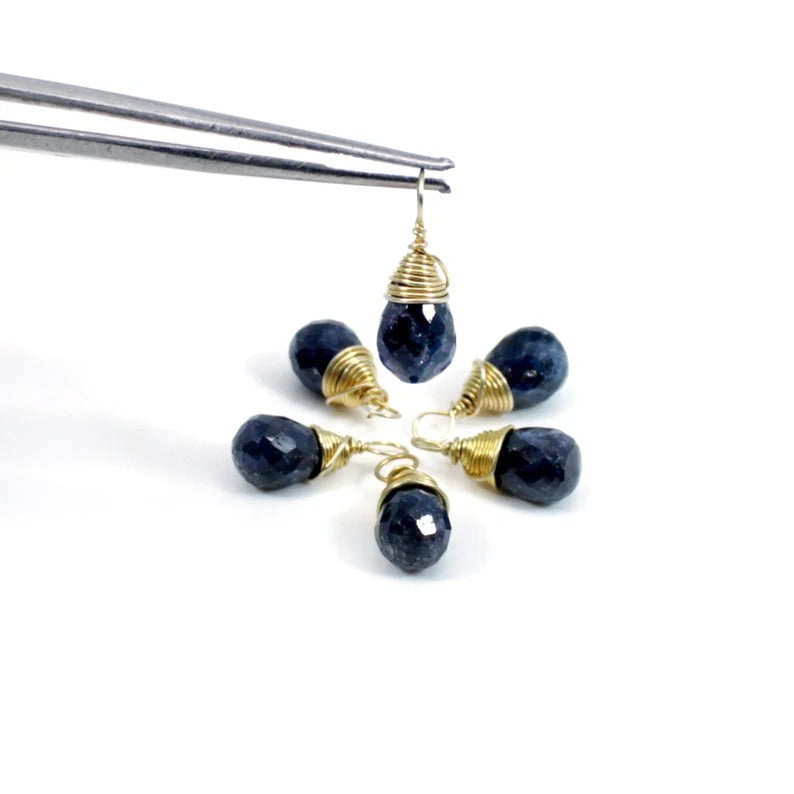 September birthstone natural sapphire corundum drop faceted 13 x 5 mm 925 sterling silver gold plated wire wrapped connector for jewelry