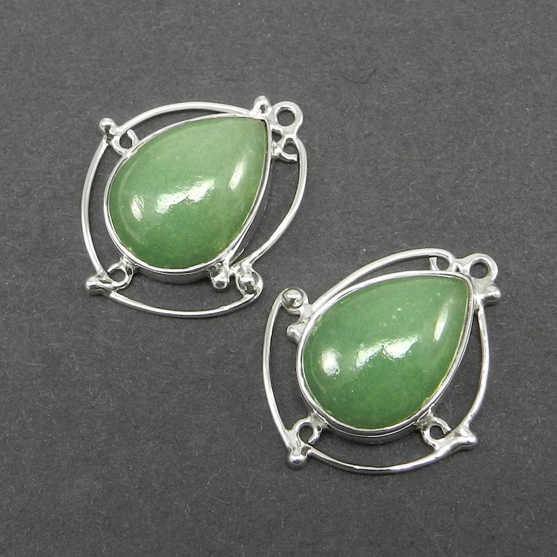 1 pair - Green aventurine - Pear cabochon - gemstone Single loop - 925 Sterling Silver - 27x23mm Designer Connector - 7.92 gms - SHST1330