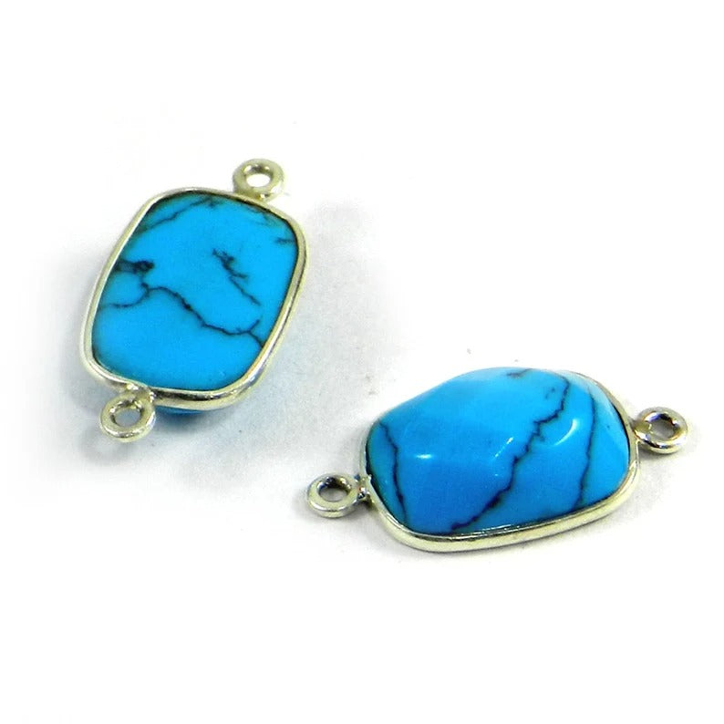 Synthetic Turquoise rectangle rosecut gemstone 22 x 11 mm bezel 925 sterling silver station double loop connector