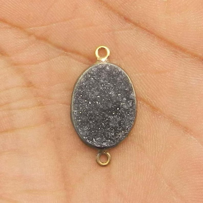 Natural black druzy and white druzy 25 x 15 mm 925 sterling silver bezel set gold plated double loop connector for jewelry making