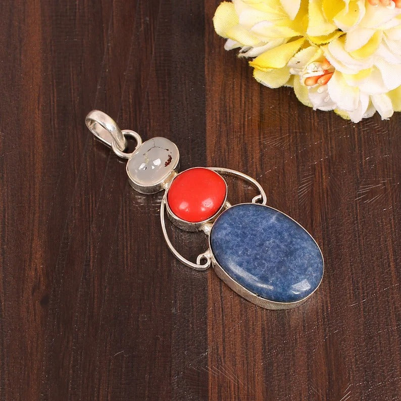 Montana Agate, Red Coral & Lapis Lazuli Gemstone Brass Pendant