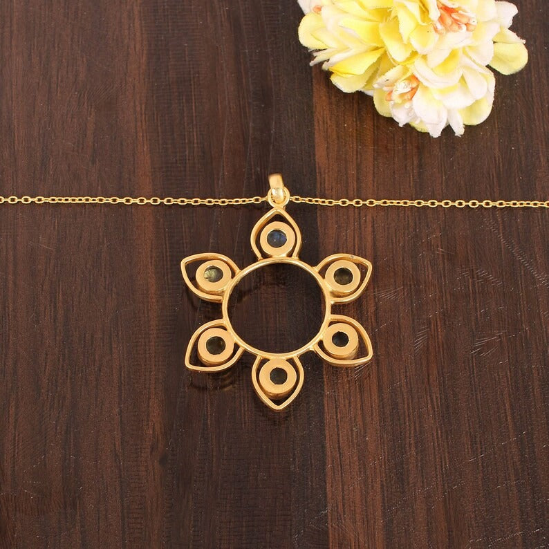 Natural Blue Fire Labradorite Gemstone Brass Necklace