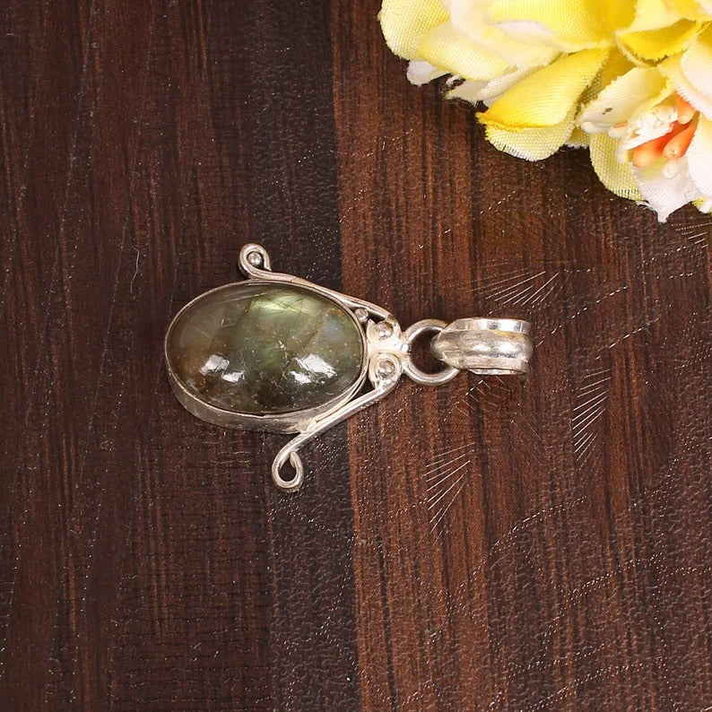 Natural Labradorite Gemstone Brass Pendant