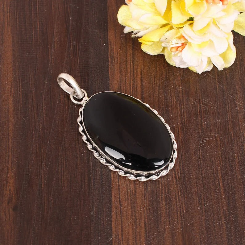 Natural Black Onyx Gemstone Brass Pendant