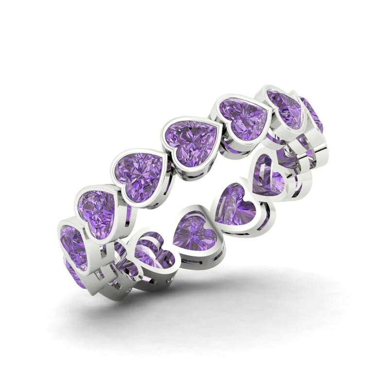 Natural Purple Amethyst Heart Shape 14Kt Gold Eternity Ring