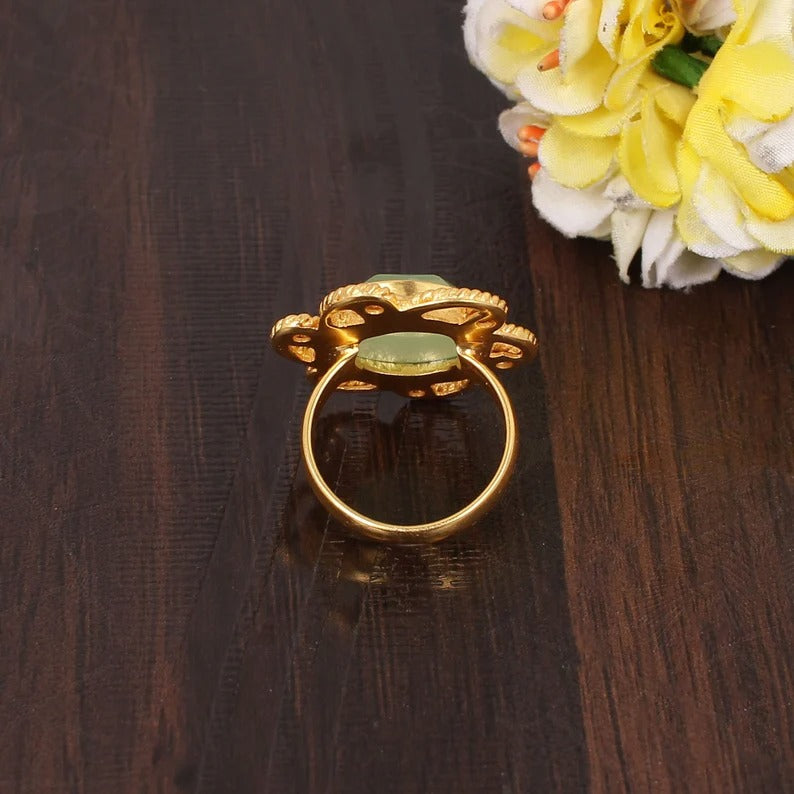 Prehnite Chalcedony Solitaire Brass Ring