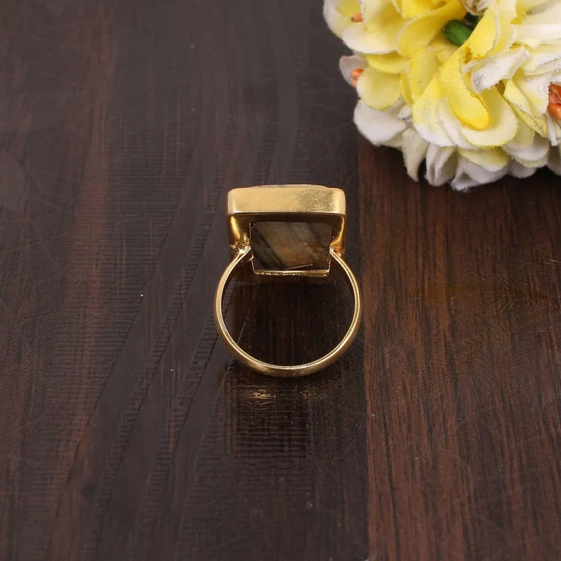 Natural Yeovapi Jasper Gold Plated Brass Ring for Women | Earthy Jasper Gemstone Statement Ring | Missoma Santiago