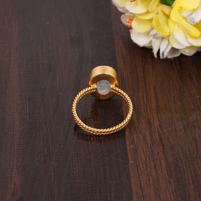 Blue Fire Rainbow Moonstone Double Band Gold Plated Brass Ring