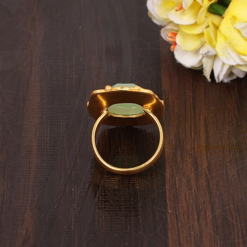 Prehnite Chalcedony Gemstone Gold Plated Brass Ring