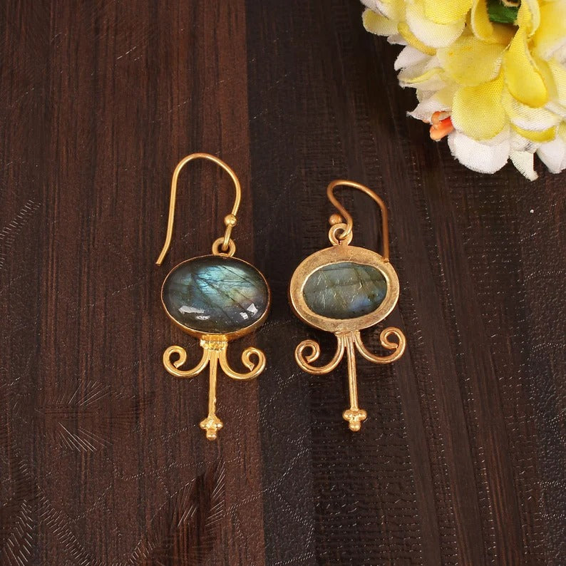Blue Fire Labradorite Gold Plated Brass Earrings