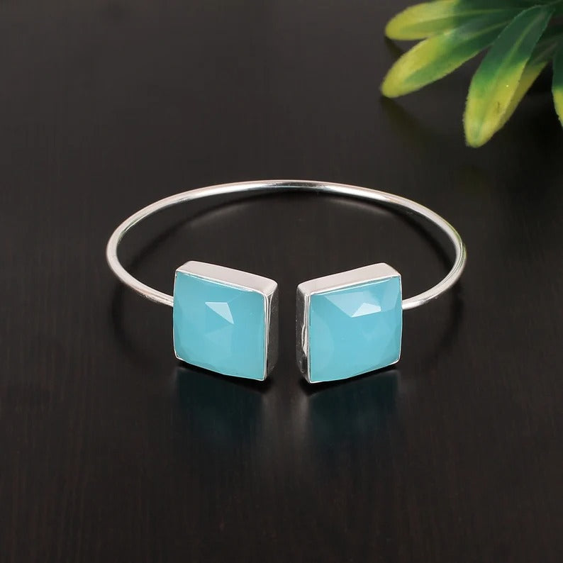 92.5 Sterling Silver Aqua Chalcedony Adjustable Bangle