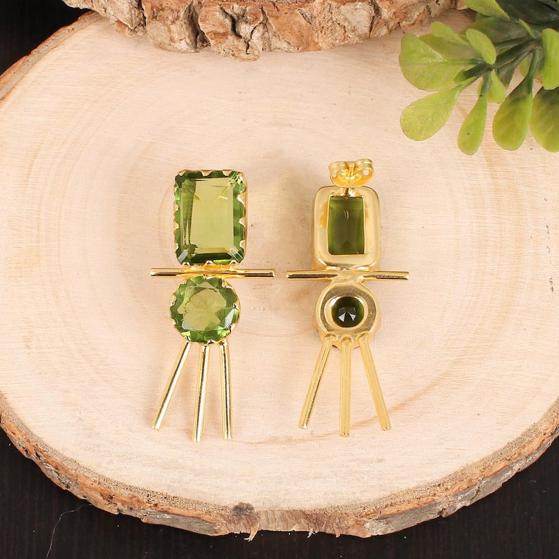 Peridot Gemstone Gold Plated Brass Earrings