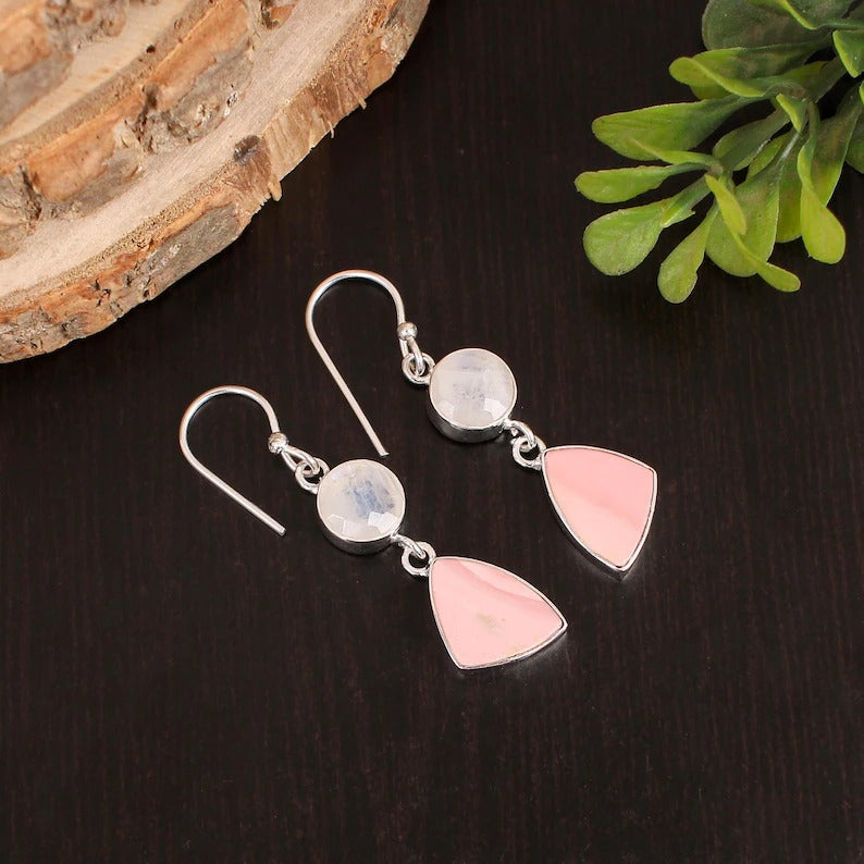 92.5 Sterling Silver Rainbow Moonstone & Natural Pink Opal Earring
