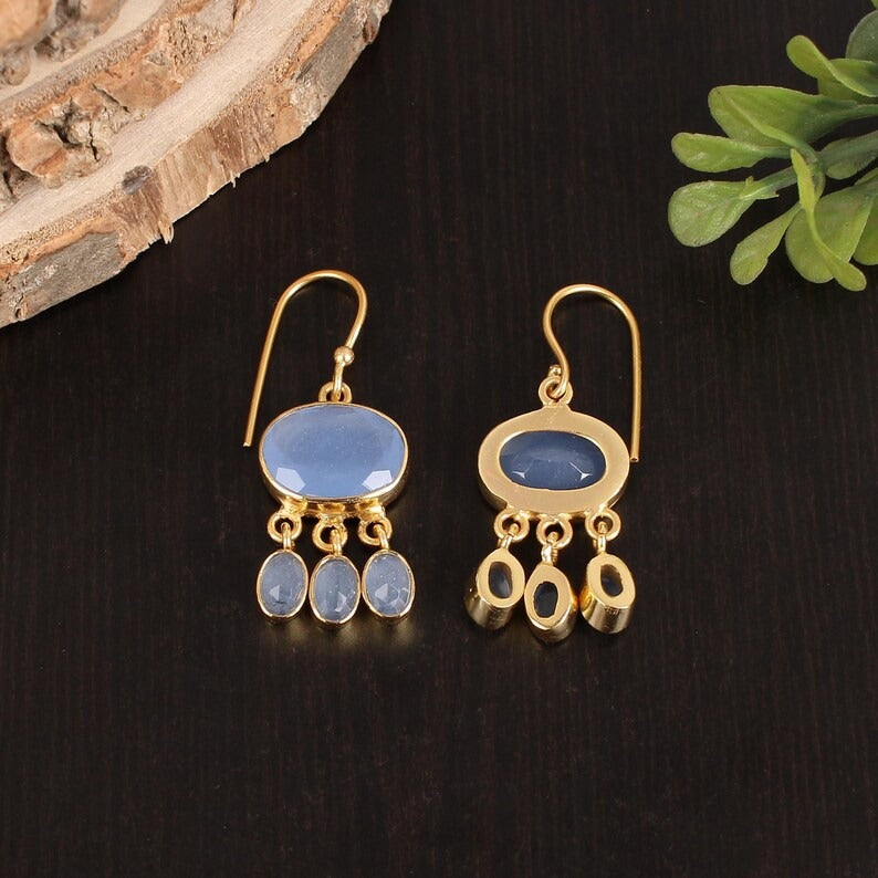 Blue Chalcedony Brass Earrings