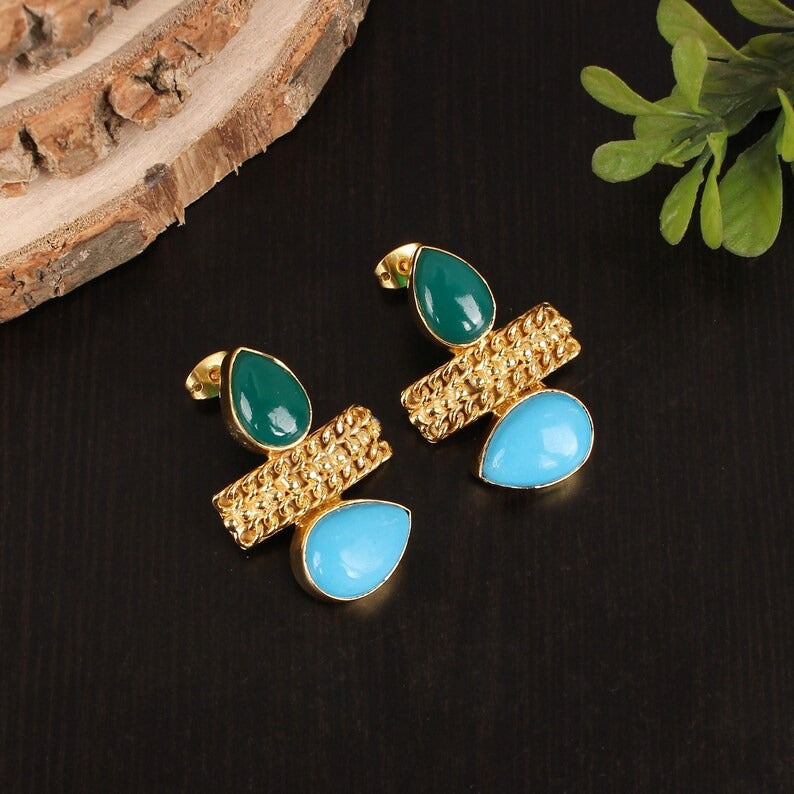 Turquoise and Green Onyx Gold Drop Earrings