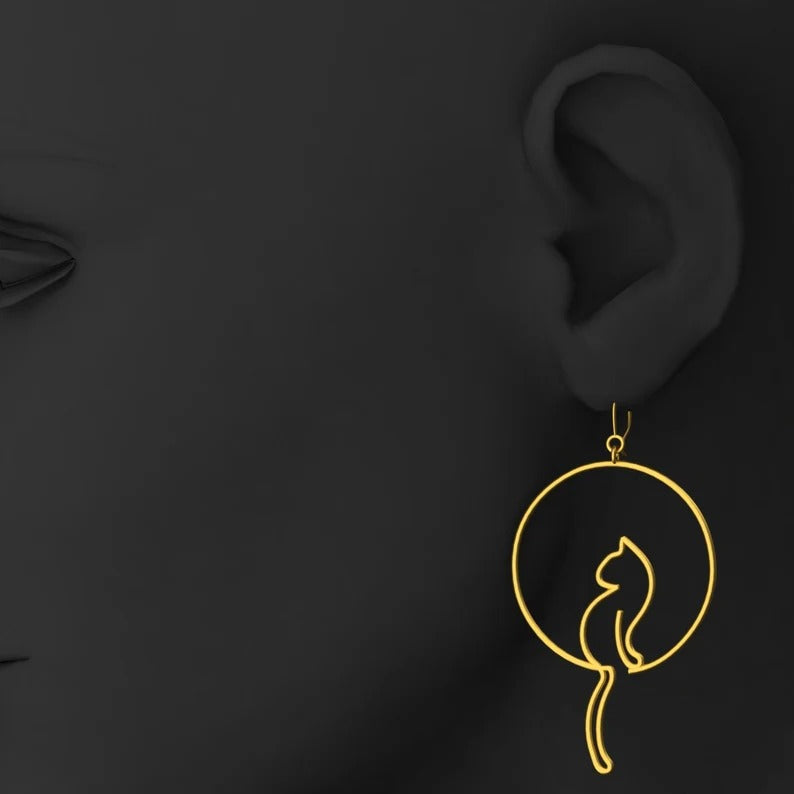 11KT Whimsical Cat Sitting On The Moon Earrings