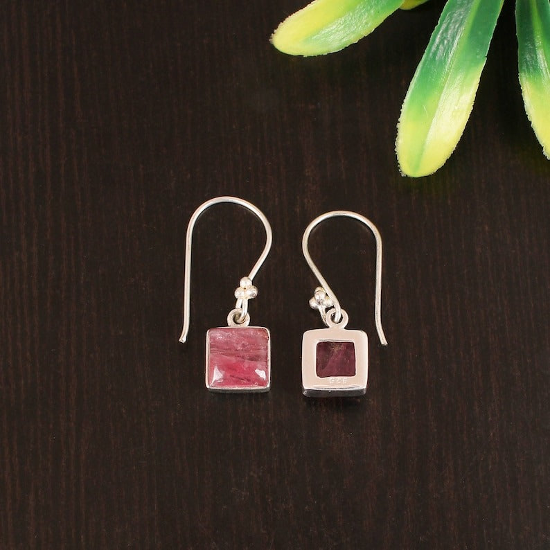 925 Sterling Silver Natural Pink Tourmaline Gemstone Earring