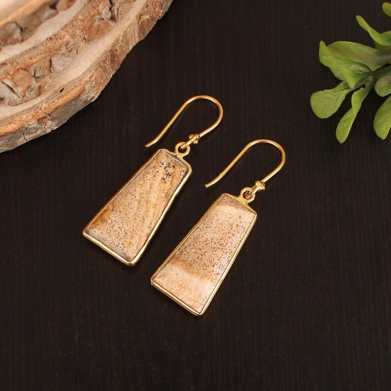 Picture Jasper Gemstone Brass Dangle Earring