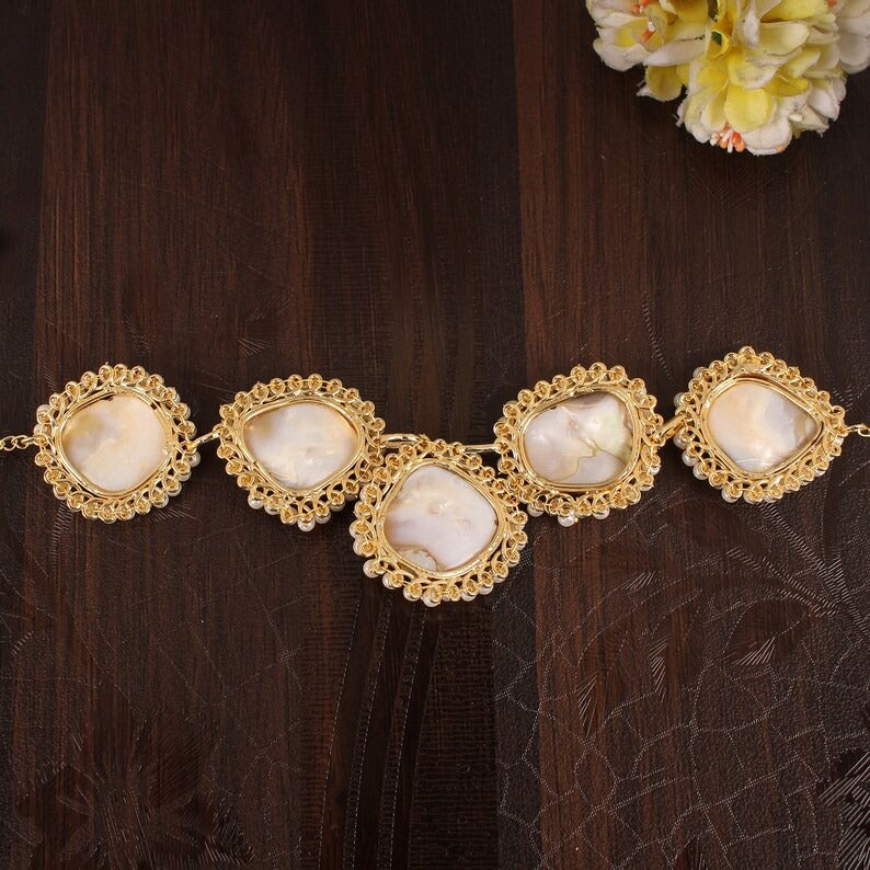 Rare Mother of Pearl Gemstone Brass Necklace