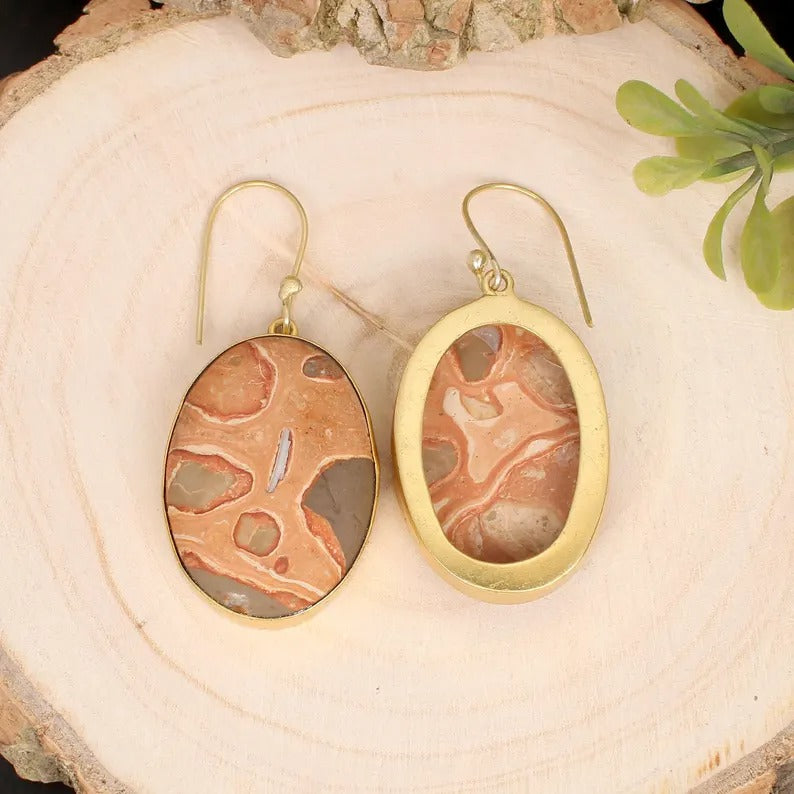 Natural Mookite Jasper Gemstone Gold Plated Brass Earrings