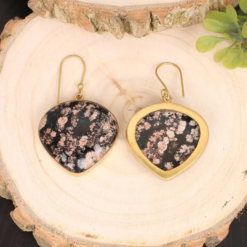 Firework Obsidian Gemstone Gold Plated Brass Earrings