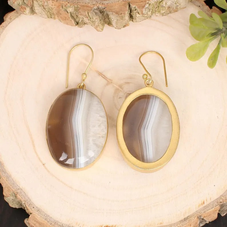 Botswana Agate Gold Plated Brass Earrings