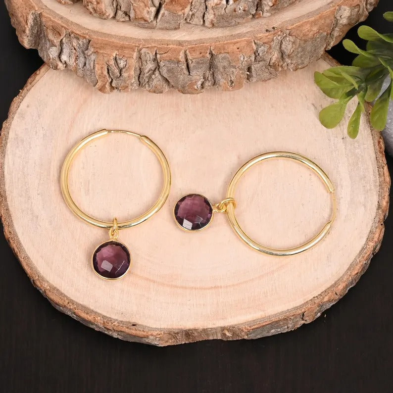 Amethyst Gemstone Hoop Gold Plated Brass Earrings