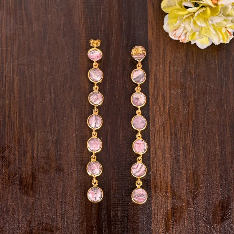 Rhodochrosite Stunning Drop Brass Earrings with Unique Pink Pattern