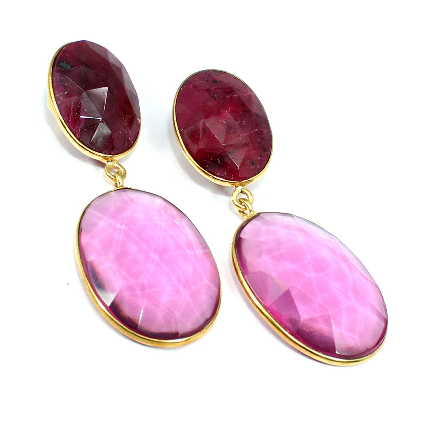 Pink Tourmaline & Ruby Earrings, Handmade Earrings, Dangle Earrings, Gold Plated Bangle, Anniversary Gifts, Brass Jewelry
