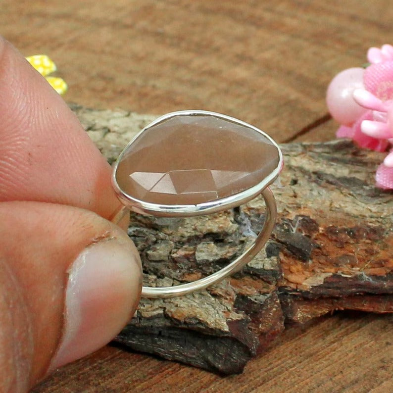 Peach Moonstone Gemstone Sterling Silver Ring