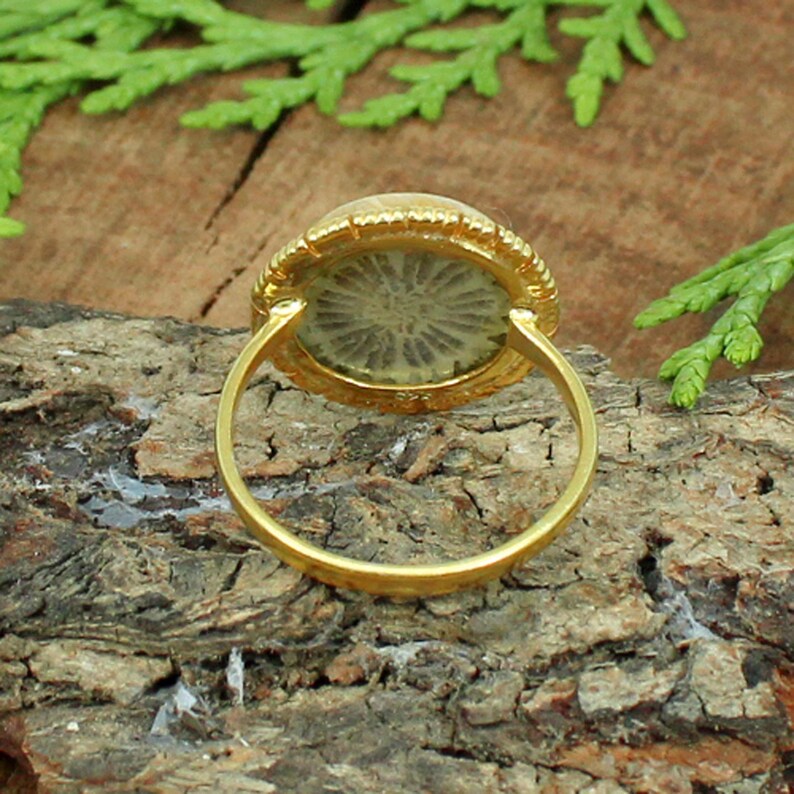 Natural Fossil Coral Gemstone Sterling Silver Ring
