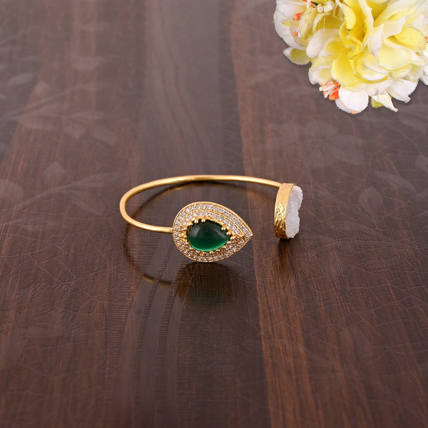 Green Onyx Adjustable Bangle, Brass Gold Plated Bangle, Cubic zirconia Bangle, White Druzy Bangle, Elegant Bangle, Handmade Bangle, Bangles.