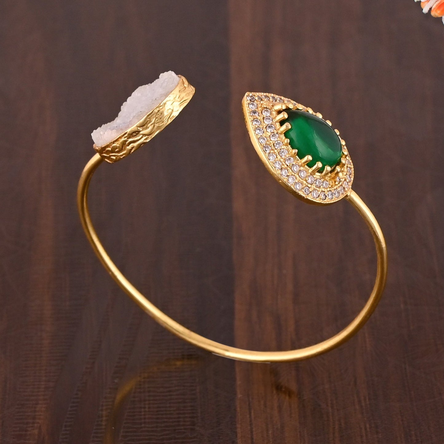 Green Onyx Adjustable Bangle, Brass Gold Plated Bangle, Cubic zirconia Bangle, White Druzy Bangle, Elegant Bangle, Handmade Bangle, Bangles.