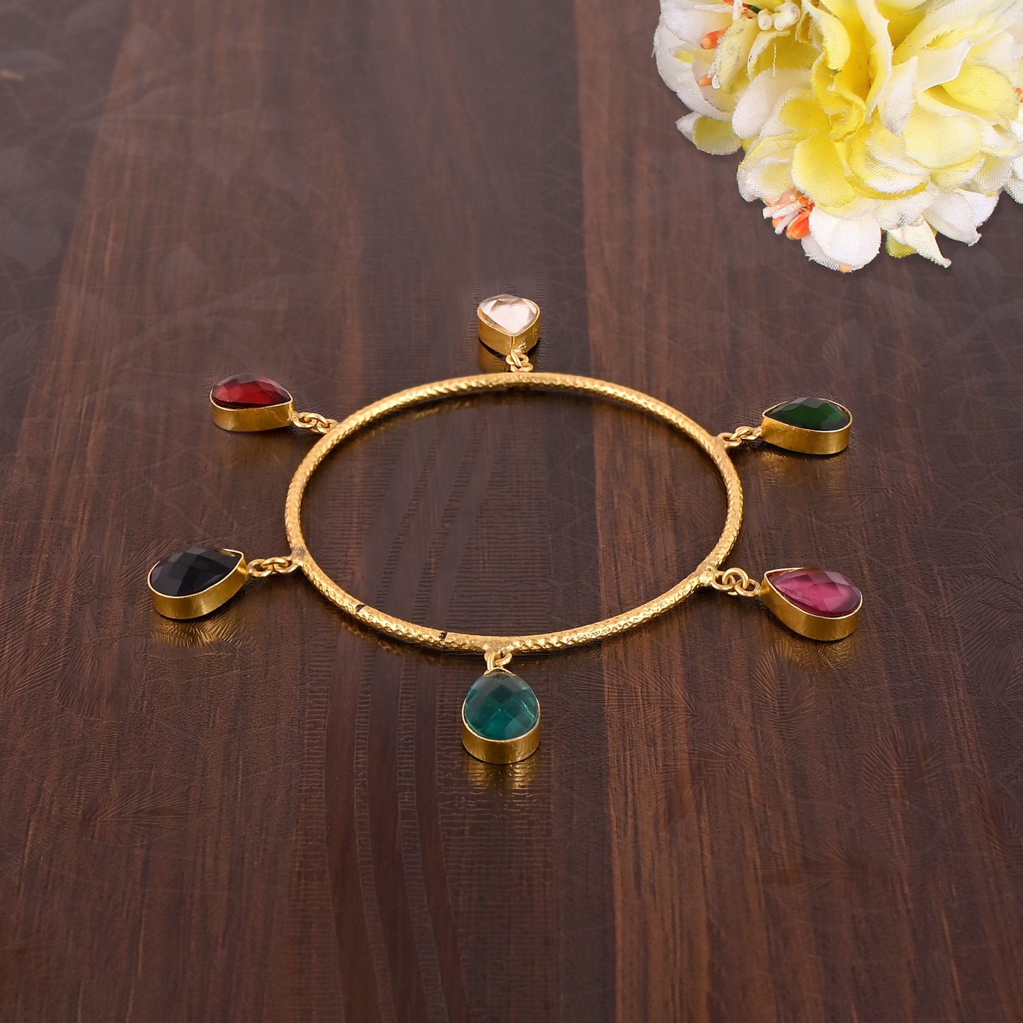 Pretty Gold Plated Brass Gemstones Bangle For Her.