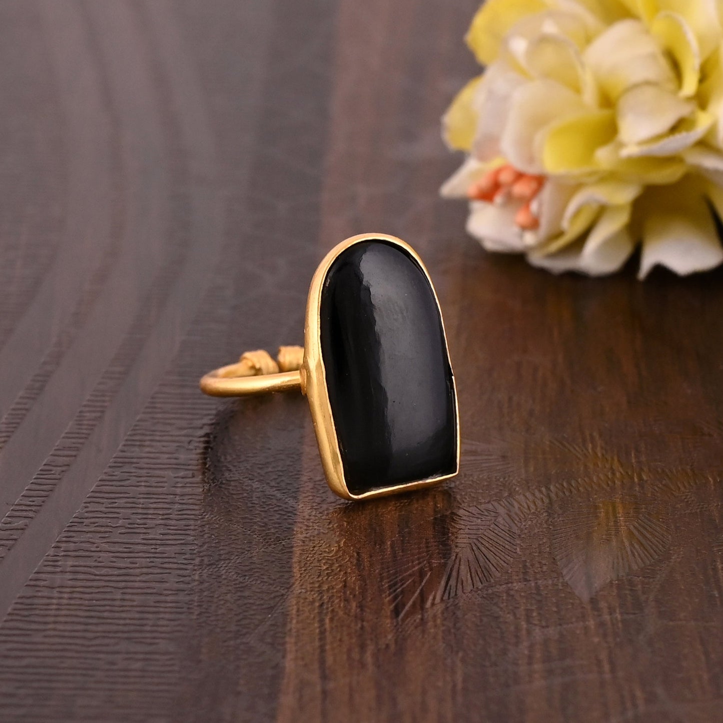 Beautiful Black Onyx Gold Brass Stackable Ring.