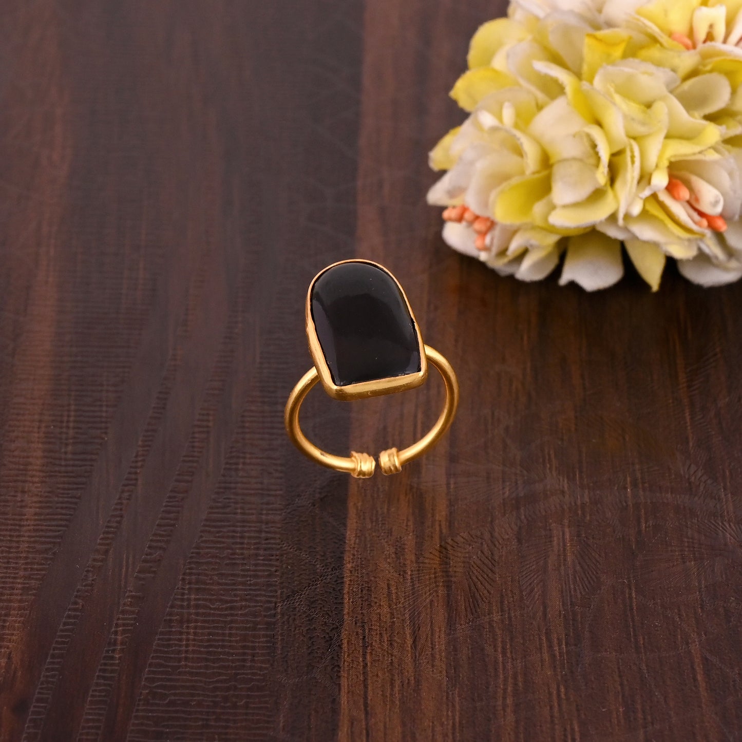 Beautiful Black Onyx Gold Brass Stackable Ring.