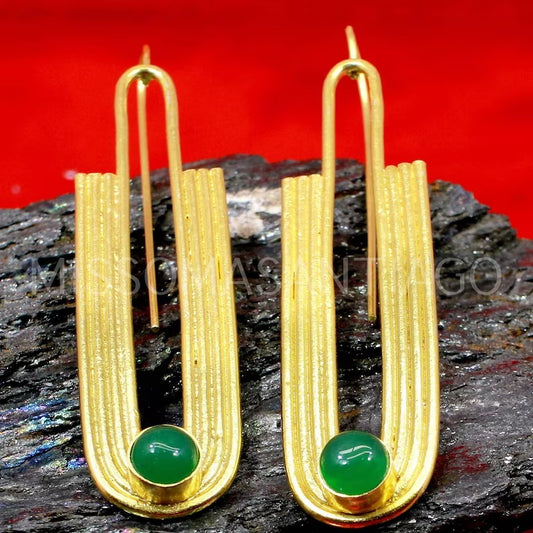 Green Onyx Gold Plated Brass Earrings