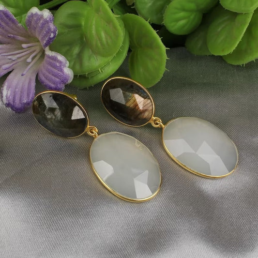 White Onyx & Labradorite Gemstone Brass Earrings